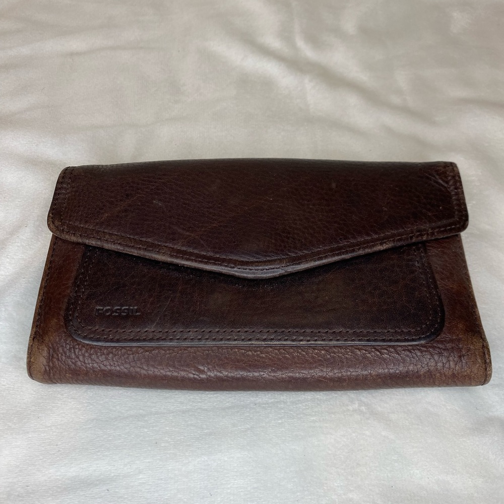 Fossil Dark Brown Leather Wallet Clutch w/ Checkbook Holder for Duplicate Checks